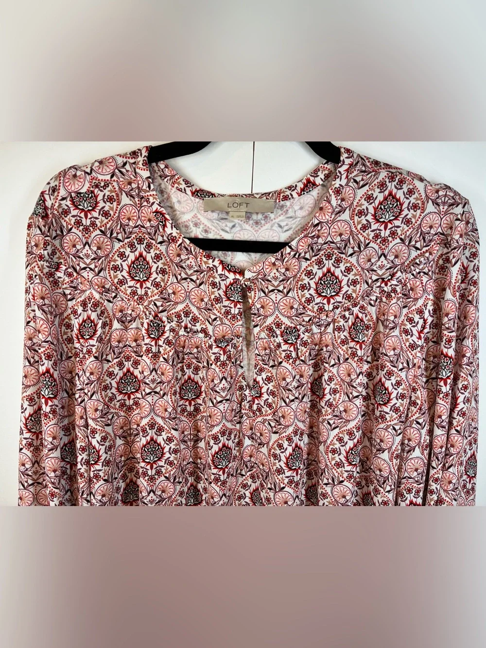 LOFT Boho Floral Medallion Print Keyhole Neck Long Sleeve Blouse Size XL
